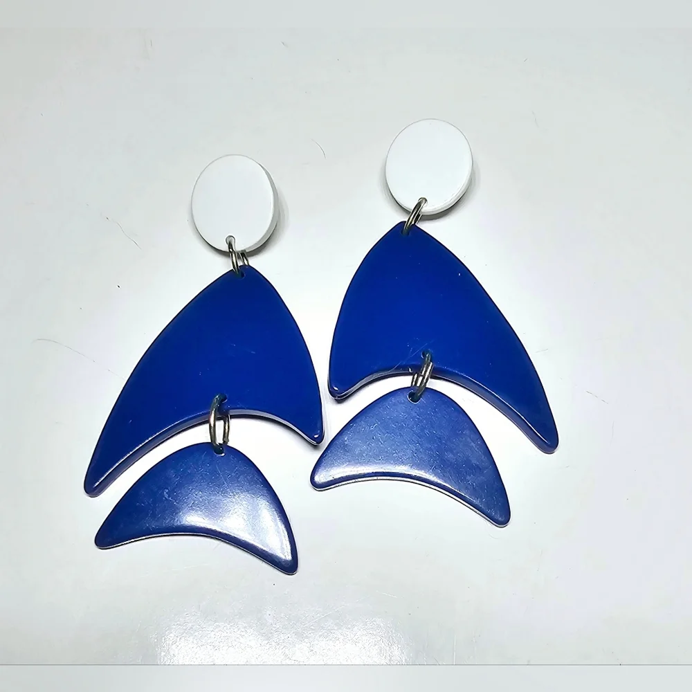 Modern abstract blue and white fish shade post dangle earrings, Nautical, aqua - Picture 1 of 6